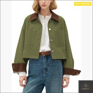 Cropped Utility Jacket Classic Retro Button Front Casual Chic Long Sleeve